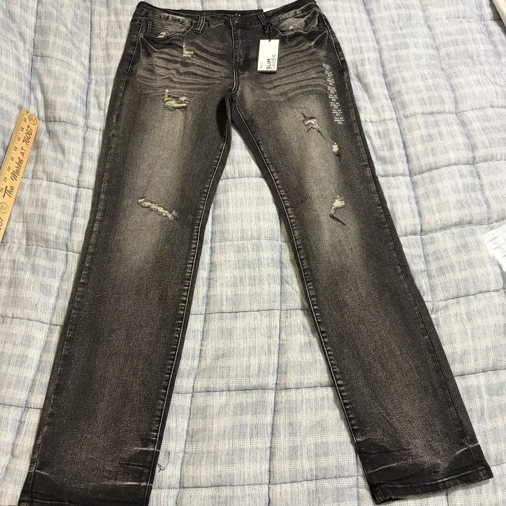 Rue21 Jeans Slim Taper Distressed Mens 34x34 Washed Black Denim Supreme Flex NWT